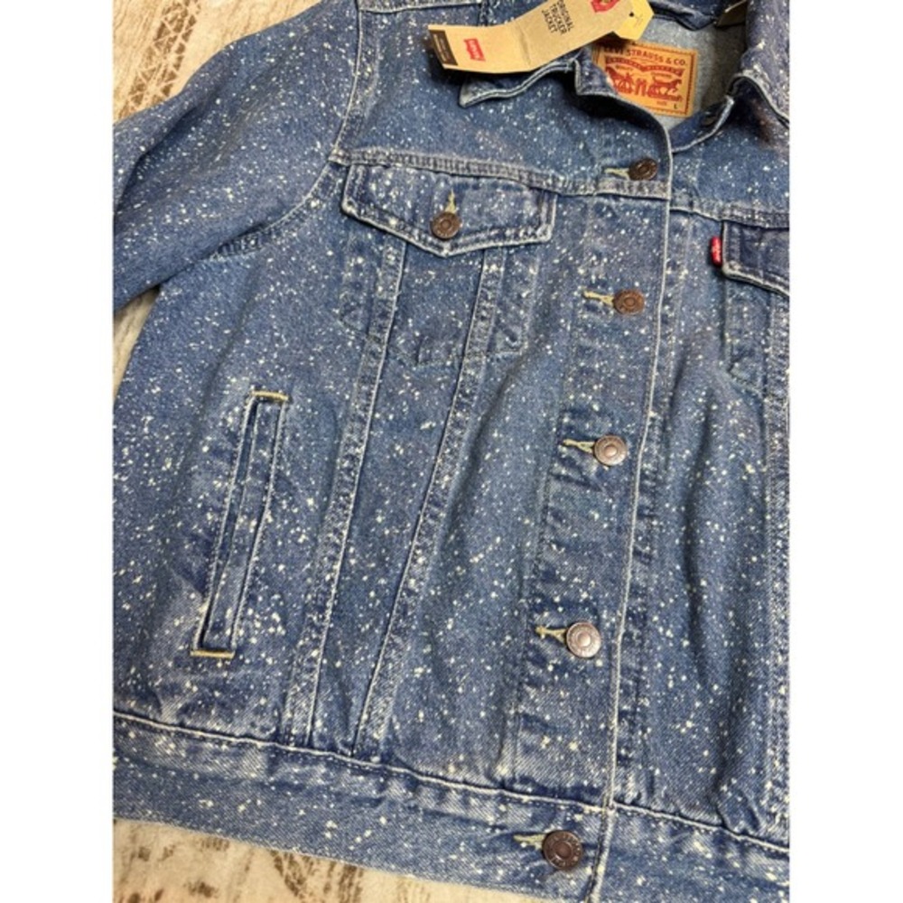 Levi's Trucker Denim Jacket Women's Large Boxy Cropped NWT Speckled‎ Splattered - Picture 4 of 11
